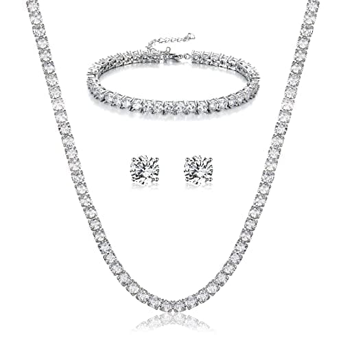 Image of Clearine Tennis Necklace Stud Earrings Bracelet Set Round Cubic Zirconia Wedding Jewellery for Women Bridal Clear Silver-Tone