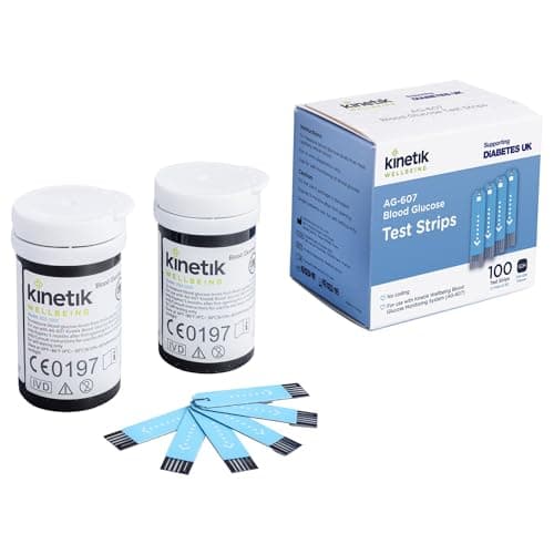 Image of Kinetik Wellbeing Blood Glucose Test Strips, Pack of 100 - Compatible with Kinetik Monitor AG-607 - Home Diabetic Glucose Strips Used by the NHS - For Blood Sugar Level Monitors & Diabetes Management