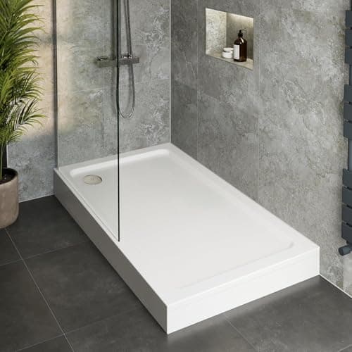 Image of Hydrolux® 1200 x 700 x 140mm White Bathroom Shower Tray for Enclosures Cubicles & Wet Room with Waste + Riser Kit, Rectangular