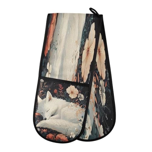 Image of Oven Gloves Double Oven Gloves White Fox Sleeping Flower Oven Mitts Pot Holder Heat Resistant Quilted for BBQ Baking Kitchen Cooking Gloves