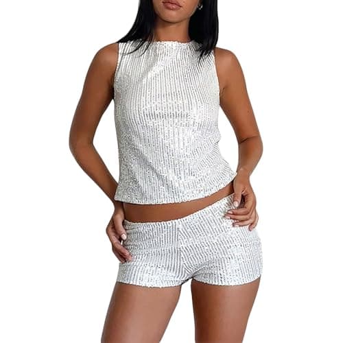 Image of Women's Shine Sequin Tank Tops Sleeveless Crew Neck Glitter Slim Fit Vest Y2K Tops for Club Party (Silver, L)