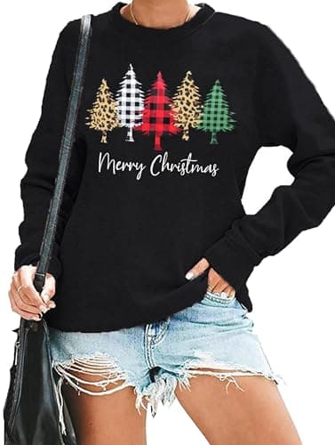 Image of hohololo Merry Christmas Sweatshirts Women Xmas Shirt Christmas Tree Graphics Long Sleeve Holiday Long Sleeve Pullover Top (Black-a,XL)