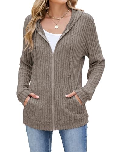 Image of iChunhua Long Zip up Hoodie Women Oversized Hooded Cardigans Lightweight Jacket with Pockets (Coffee, Medium)