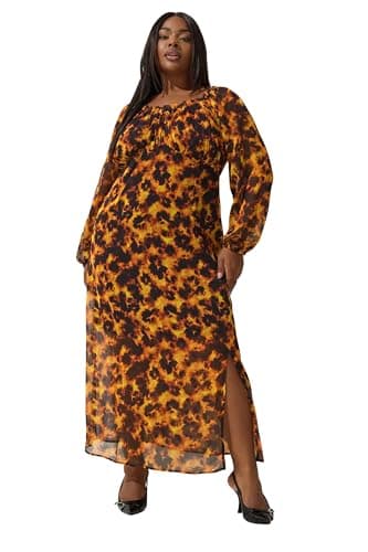 Image of Yours Limited Collection Curve Tortoise Shell Ruffle Maxi Dress - Women's - Plus Size Curve Brown
