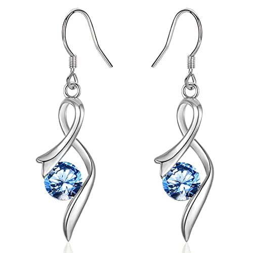 Image of Sterling Silver Drop Earrings for Women, Silver Dangle Earrings with Cubic Zirconia │Linear Forever Love Hypoallergenic Earring for Sensitive Ears│Birthday Anniversary Christmas Jewellery Gift Blue