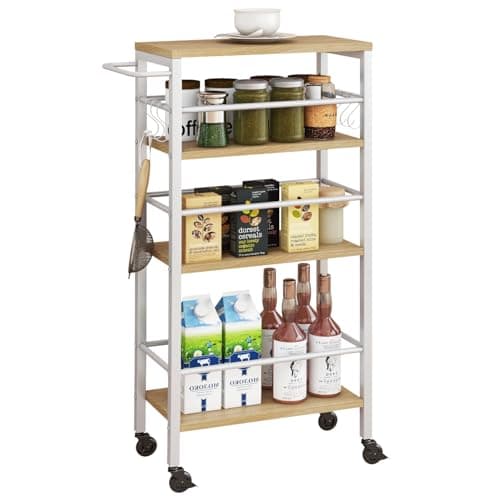Image of IBUYKE Slim Rolling Cart,4-Tier Metal Kitchen Storage Trolley,Trolley cart on Wheels for Narrow Space,with Handle and Wooden Tabletop,for Kitchen, Dining Room,Laundry Room,Natural TMJ065 (TMJ065R)