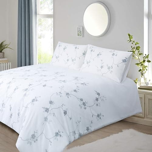 Image of YINFUNG White Double Duvet Cover Grey Floral Bedding Embroidered Cotton Double Bedding Set Flower Quilt Cover Soft Breathable with 2 Pillowcases (White, Double 200x200 cm)