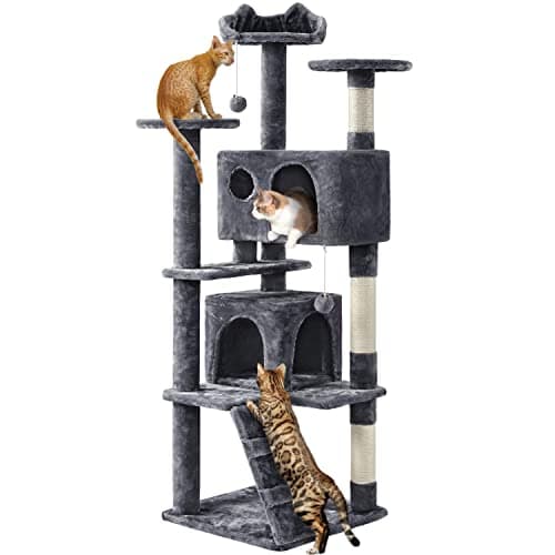 Image of Yaheetech Cat Tree, 158cm Cat Tower with Scratching Post, 2 House and Dangling Balls Cat Furniture for Indoor Cats Kittens, Dark Grey