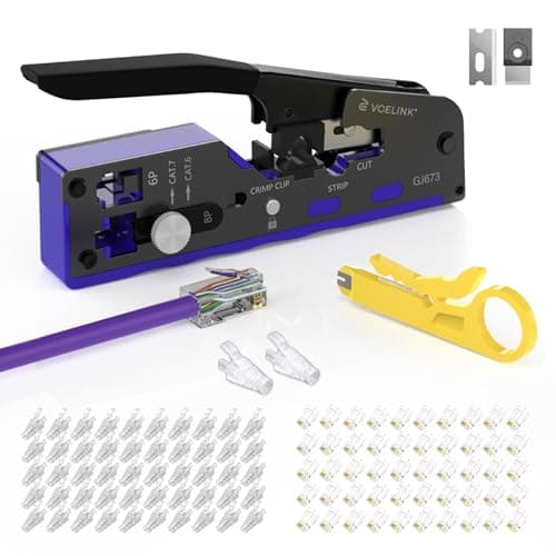 Image of VCELINK Upgraded RJ45 Crimp Tool Kit, Pass Through Crimping Tool for CAT7/6A/6/5E/5 with 50PCS Cat6 RJ45 Connectors & Strain Relief Boots & Wire Stripper