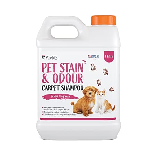 Image of Pawbits Pet Stain and Odour Carpet Shampoo 1L Super Concentrated - Lemon Scented Carpet and Upholstery Cleaner with Odour Neutraliser - Removes Cat Dog or Puppy Urine/Waste Smells, Cruelty Free