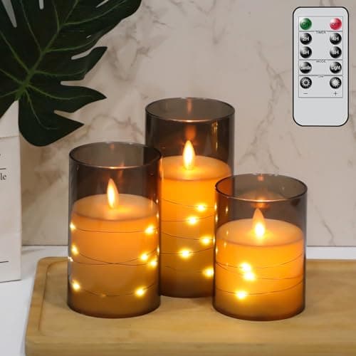 Image of Eldnacele Flickering Flameless Candles String Lights with 11-Key Remote and Timer, Battery Operated Moving Wick Unbreakable Black Glass Plastic LED Pillar Candles for Dinner Holiday Decor Set of 3