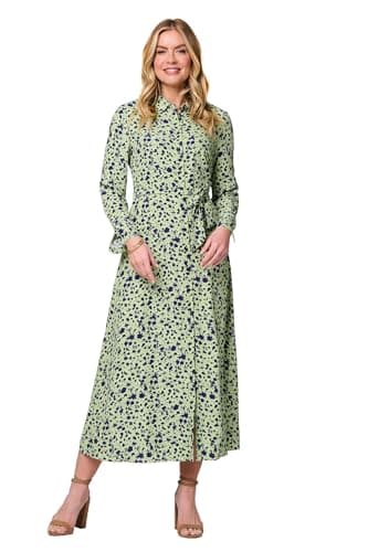 Image of Izabel London Printed Long Sleeve Midi Shirt Dress for Women UK with a tie-up Waist, a Collar and Buttons.