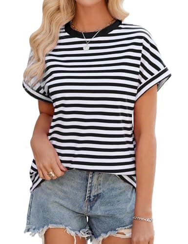 Image of Xnova Women's Striped Oversized T-Shirts Summer Short Sleeve Breton Tops Color Block Crew Neck Ladies Casual Basic Tee Shirts, Black and White, M