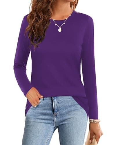 Image of Elesomo Womens Tshirts Crew Neck T-Shirt Casual Long Sleeve Tops for Leggings, Purple UK 18 20