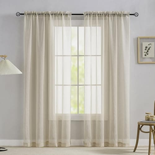 Image of Home Brilliant Net Curtains for Window Beige Sheer Curtains 72 inch Drop Light Weight Voile Curtains for Bedroom Living Room, Set of 2, 54 x 72 Inch, 183cm Drop, Linen