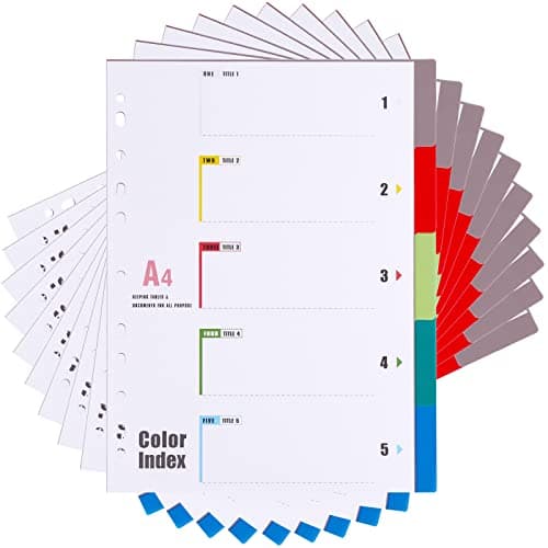 Image of [10 Pack] A4 File Dividers Index 5 Part, Multi-Colour Tabs A4 Plastic Subject Dividers Pre-Punched 11-Hole for Office School Home