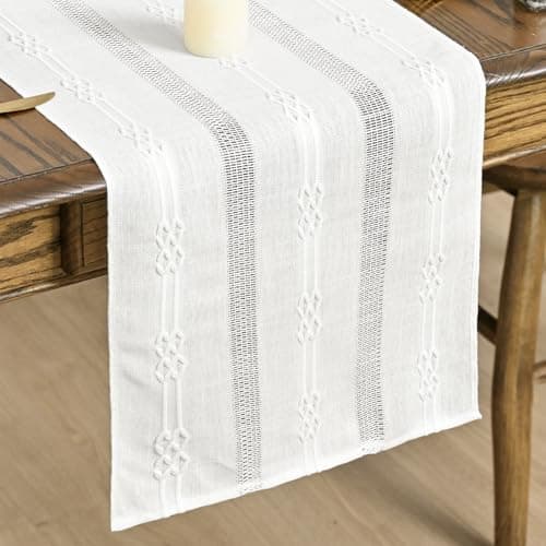 Image of Artoid Mode Linen Farmhouse Rustic Boho White Table Runner 33x143 cm, Seasonal Vintage Holiday Kitchen Dining Table Decoration for Home Party Decor