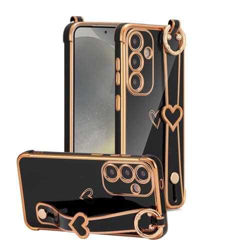 Image of ZTOFERA Compatible with Samsung Galaxy A35 5G Case with Wrist Strap, Flexible Silicone Protective Phone Case with Cute Heart Pattern Kickstand Handle Gold Trim Shockproof Cover, Black