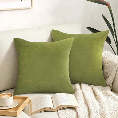 Image of Joymaison Olive Green Cushion Covers 45 x 45 Pack of 2 Soft Farmhouse Chenile Square Throw Pillow Case Decorative Sofa Cushion with Invisible Zipper
