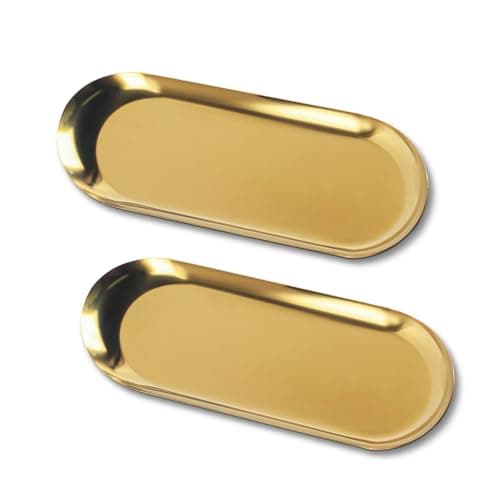 Image of 2 Pcs Gold Trays Decorative Trays, Trinket Tray, Gold Trinket Serving Tray, Small Stainless Steel Oval Ornaments Plates for Jewellery Coffee Table Candle Key Cosmetics Dish Plate Bedroom Bathroom