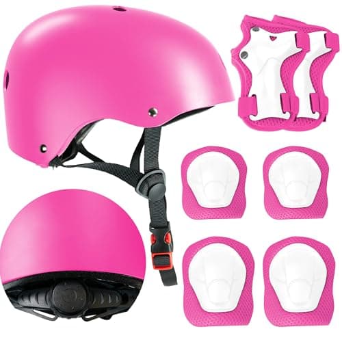 Image of Kids Bike Helmet with Knee & Elbow Pads Set - Multi-Sport Helmet for Ages 3-12 - Toddler, Boys & Girls Protective Gear for Cycling, Skating, Scooter - Adjustable Design - Pink