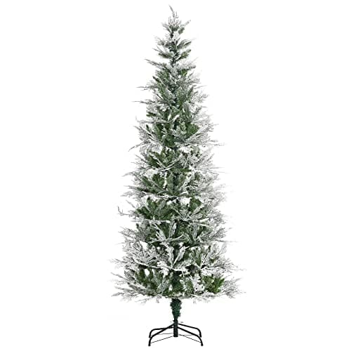 Image of HOMCOM 7 Ft Pencil Snow Flocked Artificial Christmas Tree with Realistic Cypress Branches, Auto Open, Green