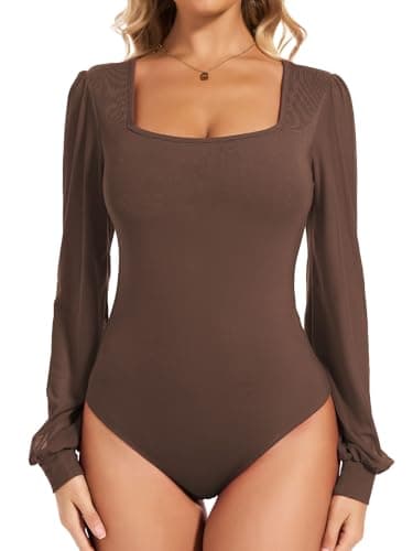 Image of Joyshaper Women Bodysuit Mesh Puff Long Sleeve Leotard Tops Square Neck Body Suit Ladies Going Out Blouses Shirts Brown,XL