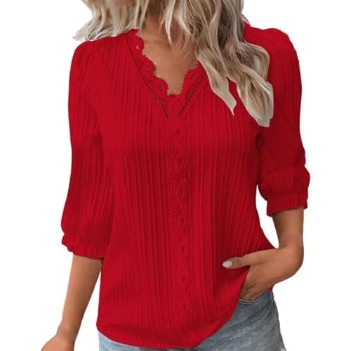 Image of Summer Tops for Women UK Sale Clearance Elegant Lace Splicing V-Neck Hollow Bubble 3/4 Sleeve Solid Color Blouses Soft Comfy Classic-Fit Dressy Shirts for Work Office Red