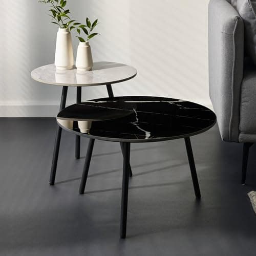 Image of Julian Bowen Casper Side Tables – Set of 2 Grey and Black Stacking End Tables with Black Metal Legs for Living Room, Modern Sintered Stone Marble Effect – 60 x 45cm