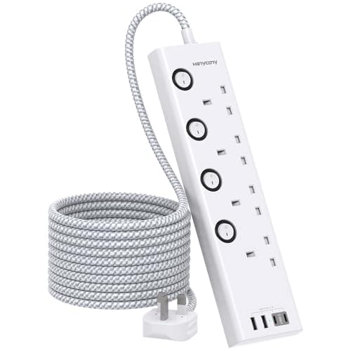 Image of 3M Extension Lead, 4 Way Extension Socket with 4 USB Slots(2 USB C), Individually Switched, Extension Cable 3M, Wall Mount Extension Cord, Desk Power Strip for Home Office Accessories