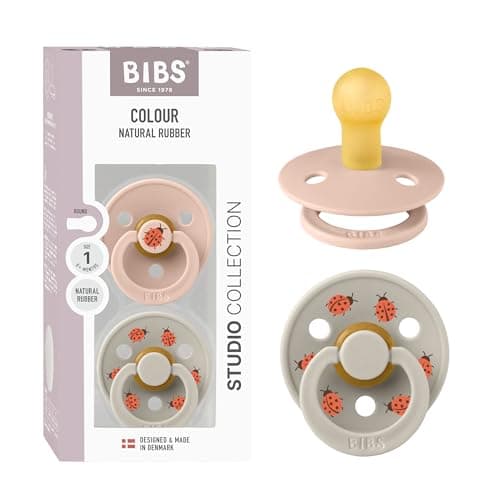 Image of BIBS Colour Studio Soother 2-Pack, BPA Free Dummy Pacifier, Round Nipple. Natural Rubber Latex, Made in Denmark, Size 1 (0-6 Months), Blush/Sand