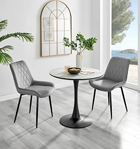 Image of Furniturebox UK - Elina White Marble Effect Melamine Round Dining Table & 2 Grey Pesaro Black Leg Chairs