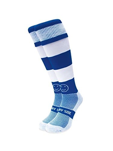 Image of WackySox - Royal Blue & White Hoop Rugby Socks, Sports Socks for Men & Women, Perfect for Riding, Football, Running, Hockey & More