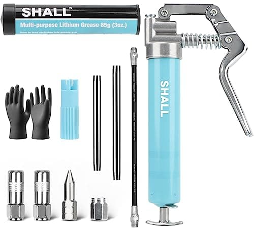 Image of SHALL Mini Grease Gun, Small Grease Gun Kit (3.52OZ Capacity, 3000PSI) with 2PCS 4-Jaw couplers, Sharp Nozzle, Extension Adapter, 3OZ Cartridge Grease, Reinforced PVC Glove & Zerk Fitting Cleaner