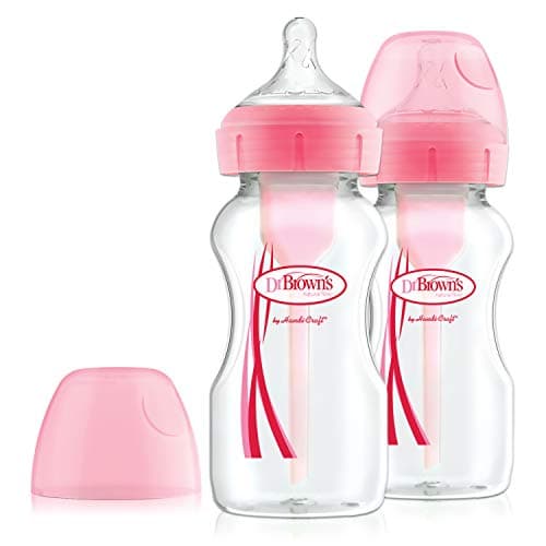 Image of Dr Brown's Natural Flow Anti-Colic Options+ Wide-Neck Baby Bottle, 9oz/270ml, with Level 1 Teat, 2-Pack, Pink