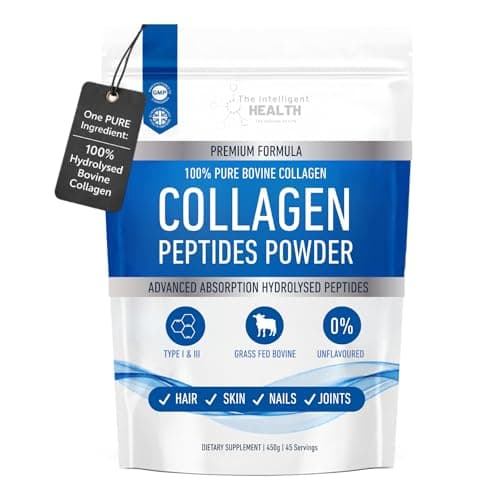 Image of The Intelligent Health Collagen Powder, Hydrolysed Bovine Peptides, Unflavoured Protein Formula, Grass Fed, Collagen Supplement for Women & Men, 450g