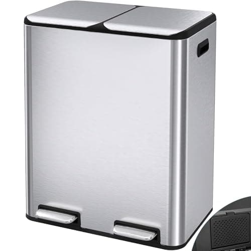Image of Clevich 60L Double Bin with Odor Control, (2 x 30L) Dual Kitchen Bins, Recycling Waste Bin w/Wide Pedal, Handle, Removable Inner Buckets, Soft-Close Lid, Airtight Design, for Home Office(Silver)