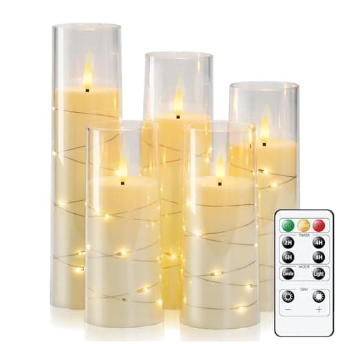 Image of Homemory LED Candle Lights Flickering with String Lights, Flameless Candles Battery Operated, Electric Candle with Remote Control and Timer for Home Room Table Decoration Gift, Ivory White, Set of 5