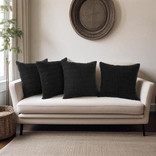 Image of Hibate Black Corduroy Cushion Covers 45 x 45 cm Set of 4 Boho Decorative Square Throw Pillow Covers 18x18 Inch for Home Bohemian Decor Living Room Bedroom Sofa Couch
