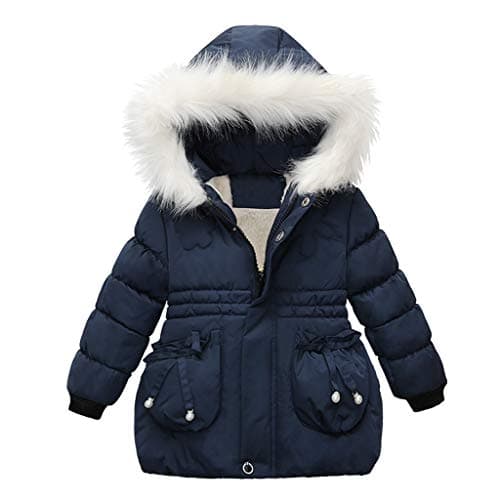 Image of Baby Girls Winter Coat Floral Embroidery Hooded Windproof Jacket Faux Fur Collar Warm Thick Parka Padded Coats Toddler Girls' jackets Outerwear Blue 2-3 Years