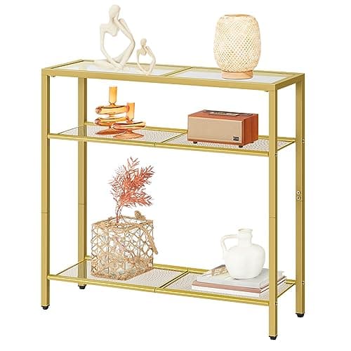 Image of HOOBRO 3-Tier Gold Console Table, Tempered Glass Sofa Table, Narrow Side Table, Modern Hallway Table, for Living Room, Foyer, Hallway, Bedroom, Metal Frame, Sturdy, Gold EGD21XG01G1