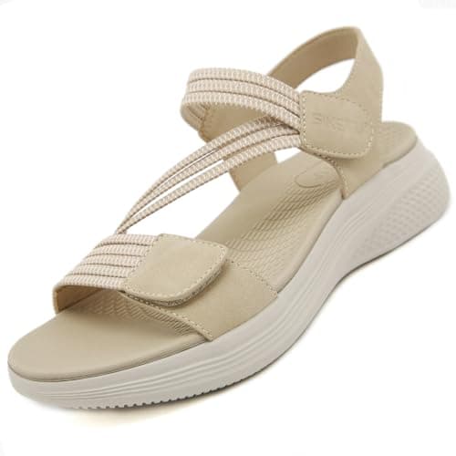 Image of Ulicox Womens Sports Sandals Summer Ladies Orthopedic Sandals Adjustable Walking Platform Casual Shoes Slingback Slide Beach Shoes Beige 5.5 UK