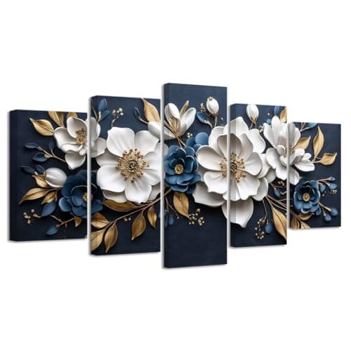 Image of LZIMU Large Canvas Wall Art for Living Room 5 Pieces White Floral Picture Abstract White Blue and Gold Paintings Botanical Floral Prints for Home Decor Framed (Blue, 8x14inx2 8x18inx2 8x22inx1)