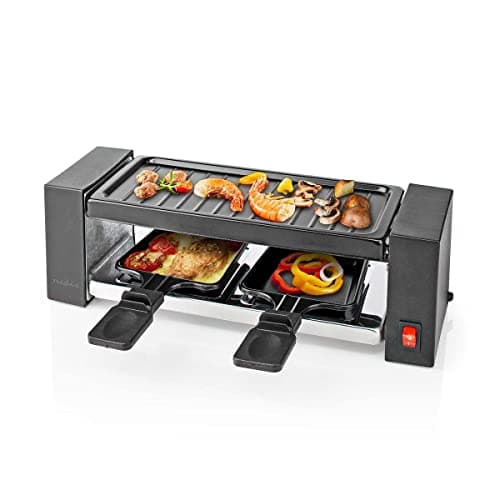 Image of Electric Raclette Gourmet Grill, 2 Person Indoor Non-Stick Tabletop Cooker, Removable Hot Plate, with 2 x Mini Cheese Pans & Spatulas, 400W