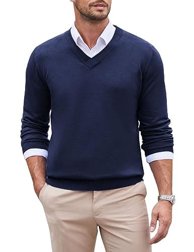 Image of COOFANDY Men's Sweater V Neck Knitted Jumper Regular Fit Pullover Comfort Fit Jumper Casual Business Sweatshirt Winter Sweater Solid Color Knitwear Basic Tops Navy Blue XL