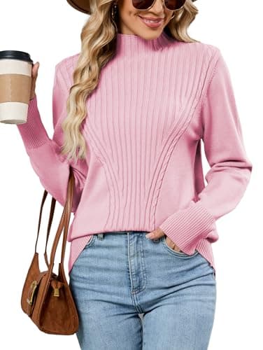 Image of Famulily Ladies Classy Half Turtleneck Jumpers Long Sleeve Autumn Winter Pullover Ribbed Knit Sweater Tops (S, Pink)