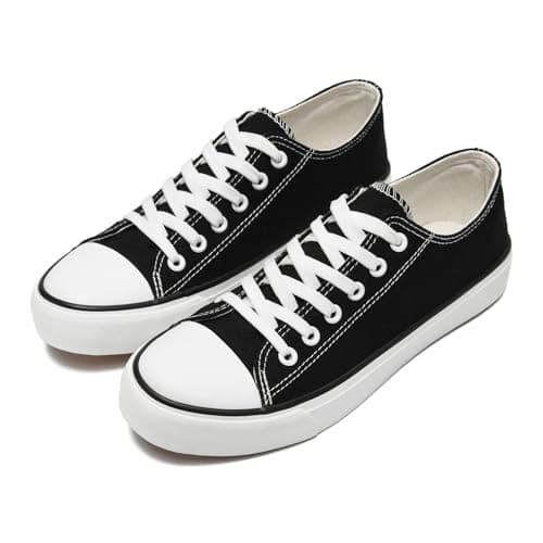 Image of rosyclo Canvas Shoes for Women and Men, Low Top Canvas Sneakers Fashion Lace Up Comfortable Womens Classic Casual Tennis Walking Shoes, Black, 13 Women/11 Men