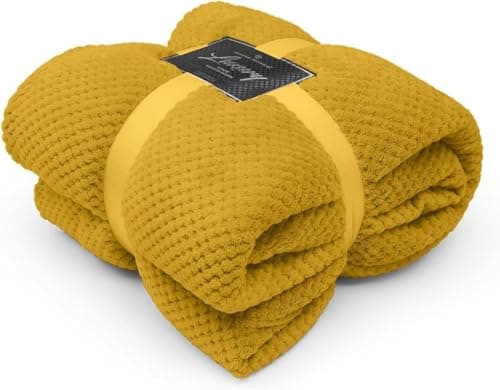Image of Brillars Waffle Honeycomb Throw Fleece Blankets, 100% Polyester Faux Fur Throws Bed Settee Sofa/Bedspread/Travel Blankets – Super Soft, light, Warm, Cosy Large Blanket (Ochre, Double 150 x 200 cm)