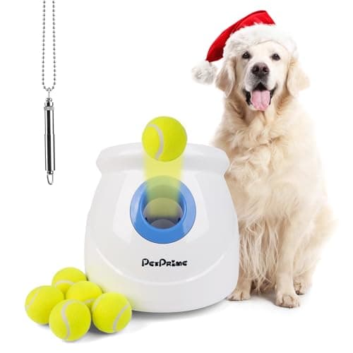 Image of pet prime Large Automatic Dog Ball Launcher, Pet Interactive Fetch Toy with 10-40Ft, Max Dog Tennis Ball Thrower Machine for Big Dogs, With 6 PCS 2.5" Tennis Balls and a Training Whistle
