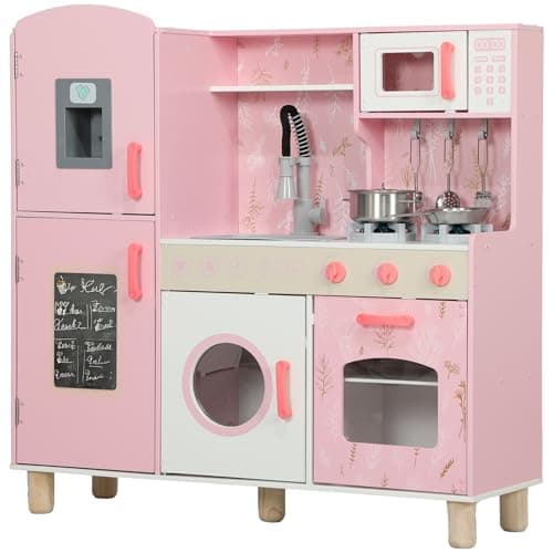 Image of AIYAPLAY Toy Kitchen, Pretend Role Play Kitchen, Kids Kitchen Set with Lights and Sounds, Double Stoves, Ice Maker, Chalkboard, Microwave, Oven, Sink, 5 Accessories, for 3+ Years, Pink